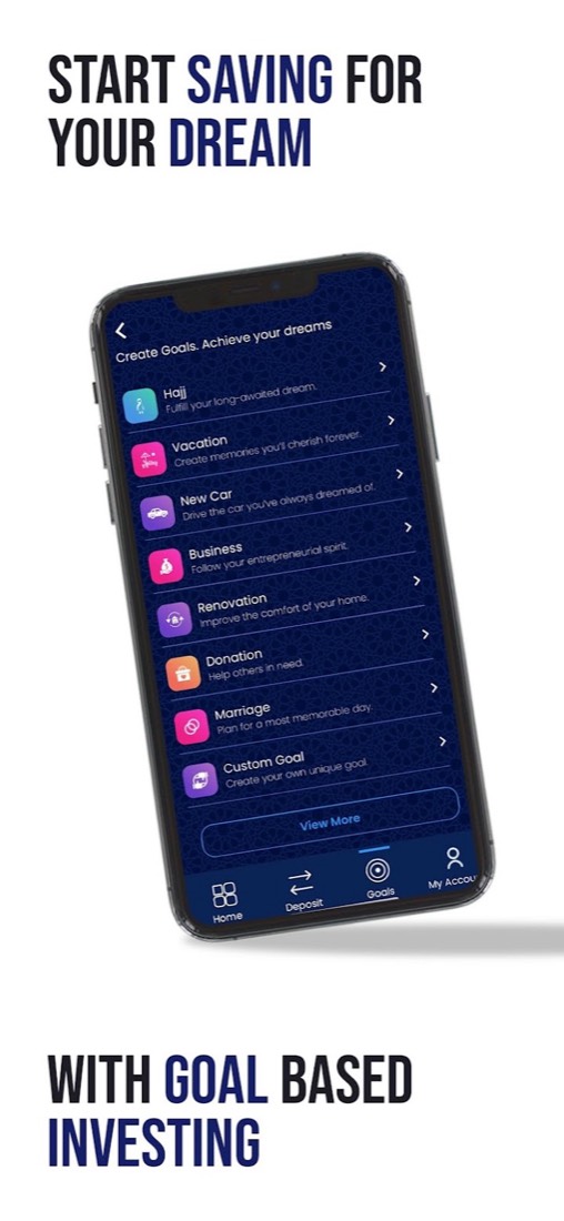 Aghaz Google Play screenshot captured in October 2026: a tilted phone showing a Create Goals list with Hajj, Vacation, New Car, Business, Renovation, Donation, Marriage and Custom Goal, under the heading Start saving for your dream with goal based investing.