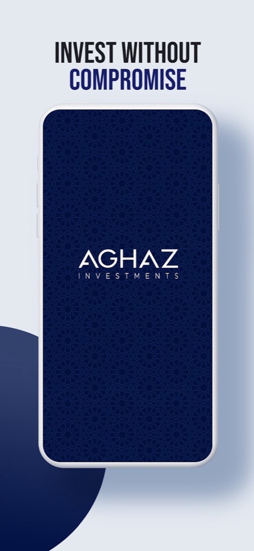 Aghaz Google Play screenshot captured in October 2026: a phone showing a dark blue launch screen with a geometric pattern and the Aghaz Investments logo, under the heading Invest without compromise.