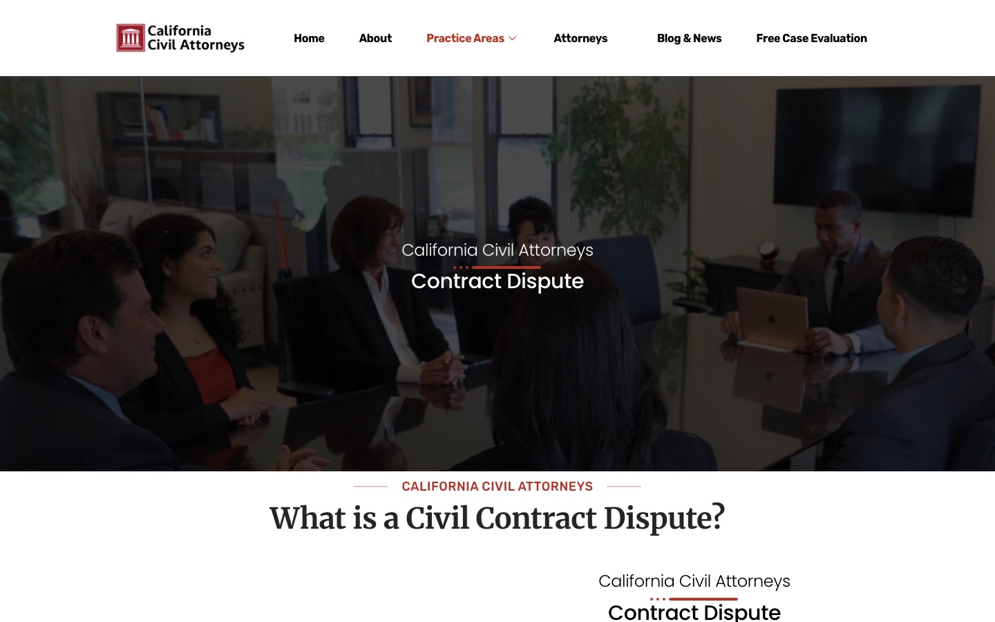 California Civil Attorneys contract disputes service page as captured in October 2026, opening with the heading 'What is a Civil Contract Dispute?'.