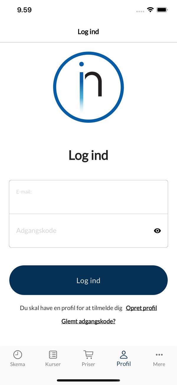 Innercise iPhone app Log in screen in Danish: the studio logo above e-mail and password fields, a Log in button and links to create a profile or reset the password.