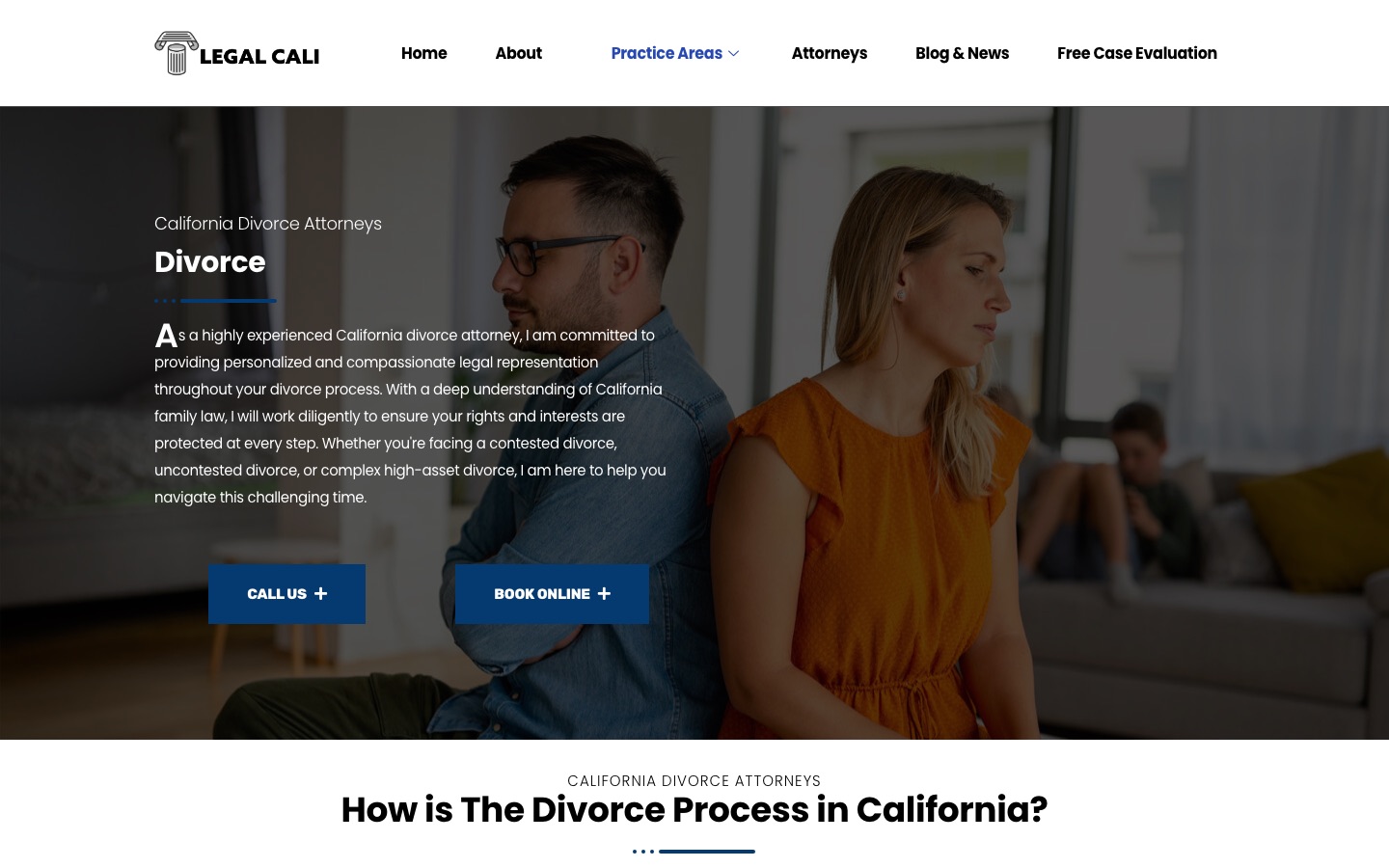 Legal Cali divorce page as captured in October 2026: a practice-area page with a keyword-led heading and call and book-online buttons.