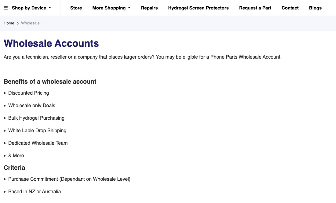 Phone Parts NZ wholesale page as archived on 5 December 2025: a main menu, a Wholesale Accounts heading, a list of account benefits and the account criteria.