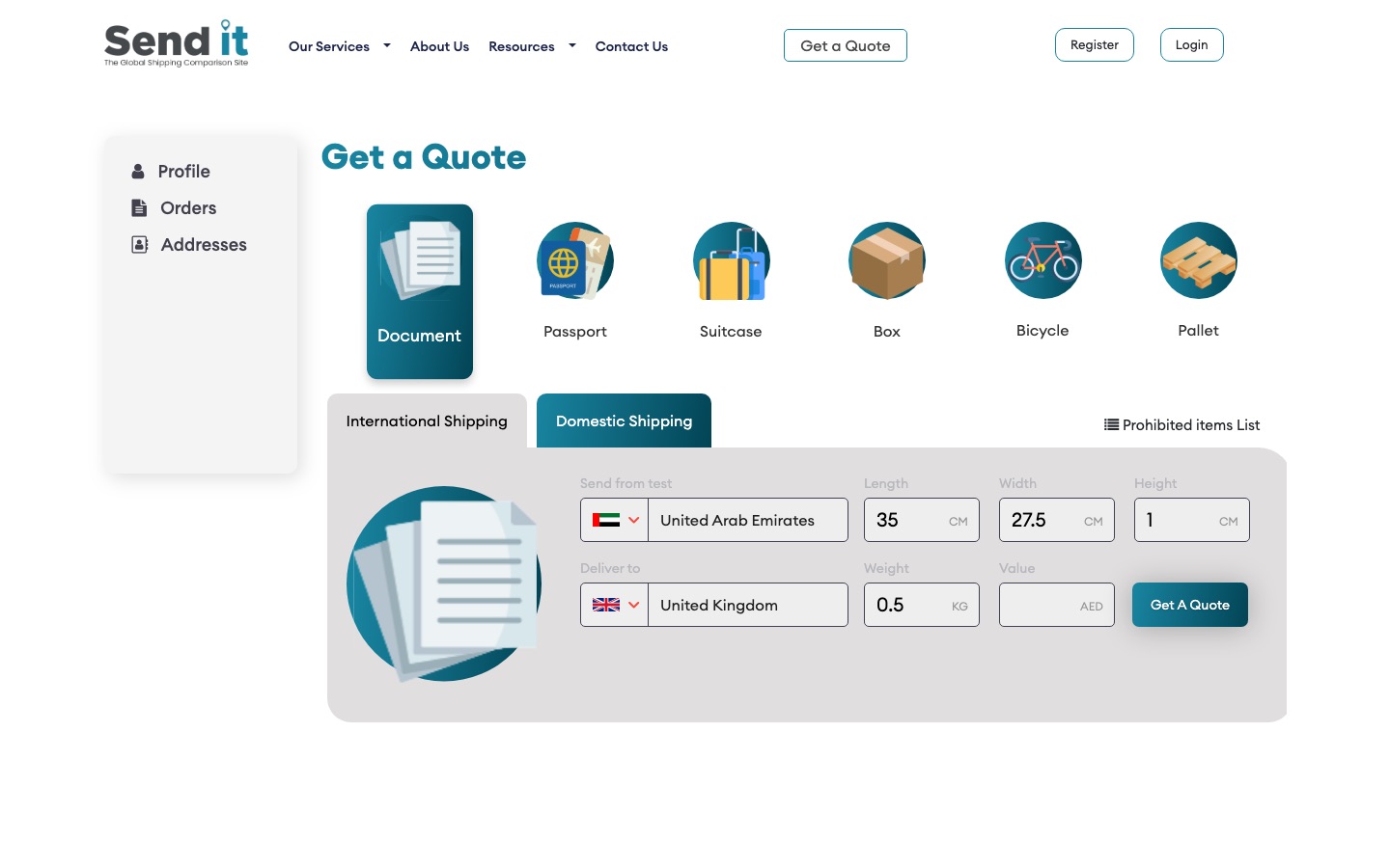 Send it app Get a Quote page as captured in October 2026: a picker for Document, Passport, Suitcase, Box, Bicycle and Pallet, International and Domestic tabs, country, size, weight and AED value fields, and a Prohibited items List link.
