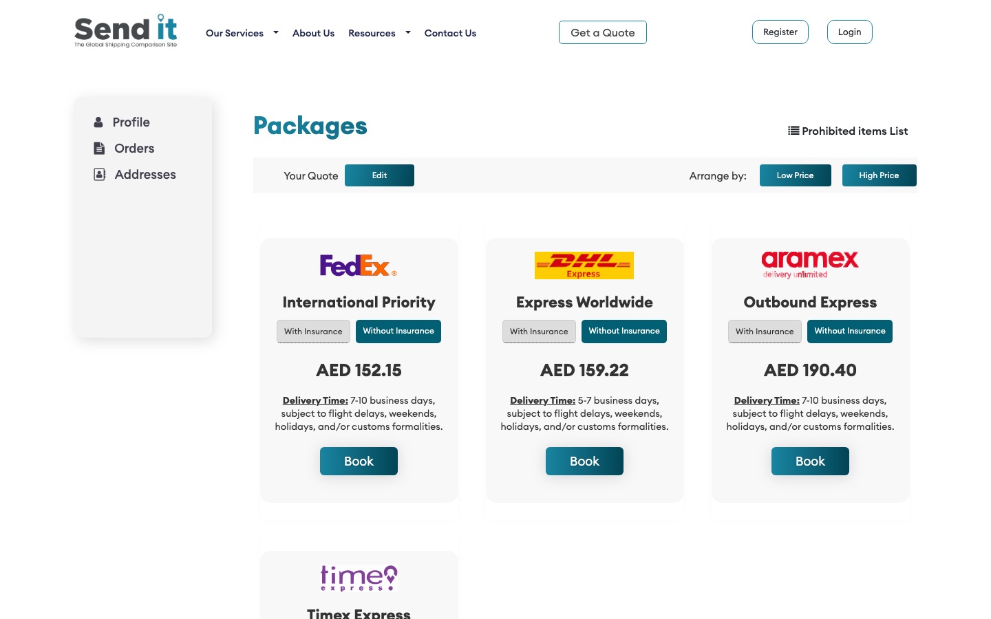 Send it app Packages page as captured in October 2026: courier cards for FedEx, DHL Express and Aramex with With Insurance and Without Insurance buttons, a price in AED, a delivery time range and a Book button, plus Low Price and High Price sort buttons.