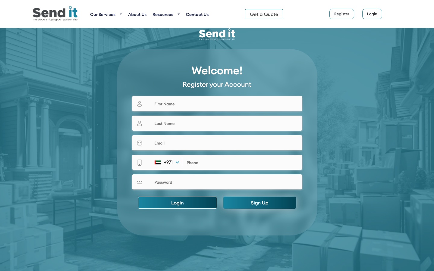 Send it app register page as captured in October 2026: a Welcome panel with first name, last name, email, phone with country code and password fields, and Login and Sign Up buttons.
