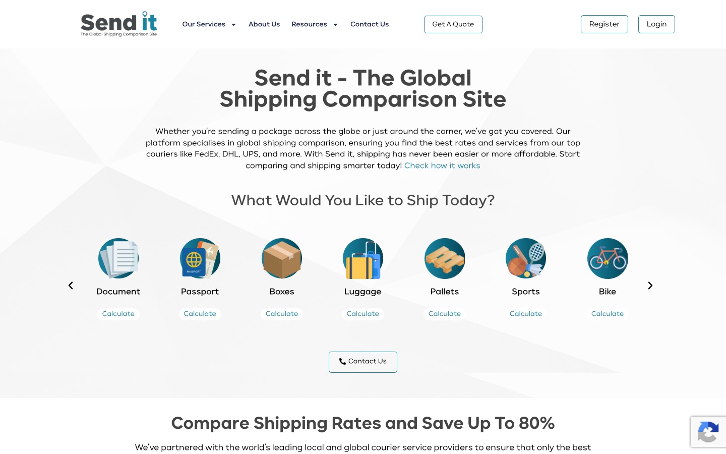Send it homepage as captured in October 2026: a header with Register and Login buttons, the heading Send it - The Global Shipping Comparison Site and a row of item icons from Document to Bike.
