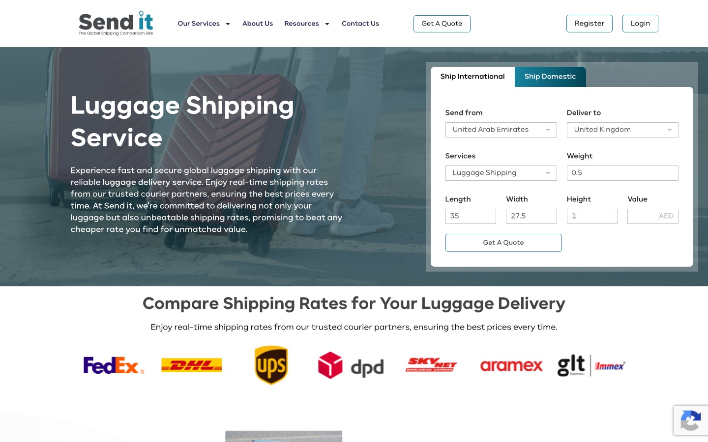 Send it luggage shipping page as captured in October 2026: a quote form with Ship International and Ship Domestic tabs, send from and deliver to country fields, weight, dimensions and a value field in AED, above a row of courier logos.