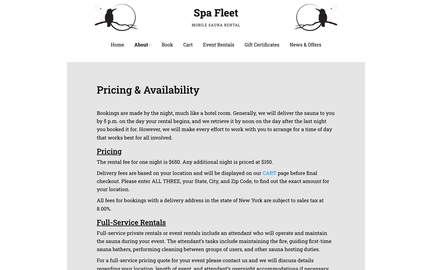 Spa Fleet pricing and availability page as captured in October 2026: plain text on how nightly bookings, pricing, delivery fees and full-service rentals work.