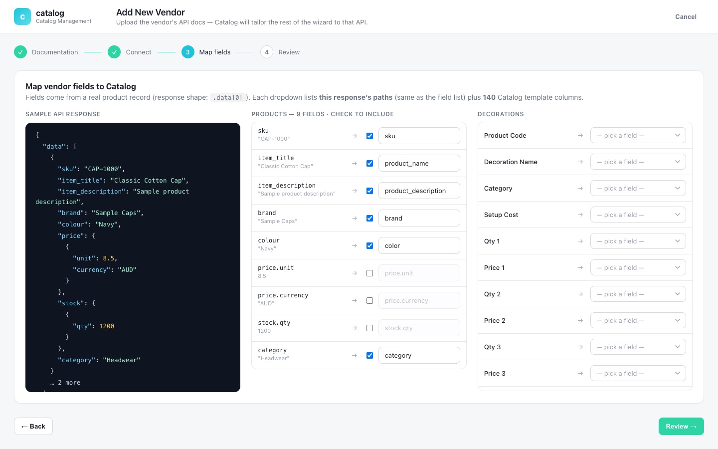 Setup step matching a sample supplier's product fields to the standard catalog fields.
