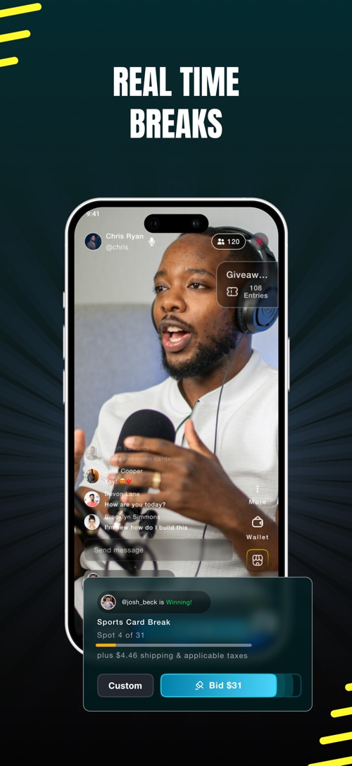 Trading Card TV App Store screenshot headed Real Time Breaks: a phone showing a live stream with a host, chat messages, a Sports Card Break at spot 4 of 31 and a Bid button.