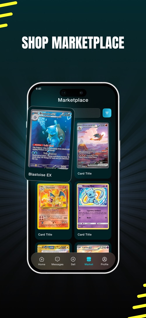 Trading Card TV App Store screenshot headed Shop Marketplace: a phone showing a grid of Pokemon cards with a filter button and a bottom bar with Home, Messages, Sell, Market and Profile.