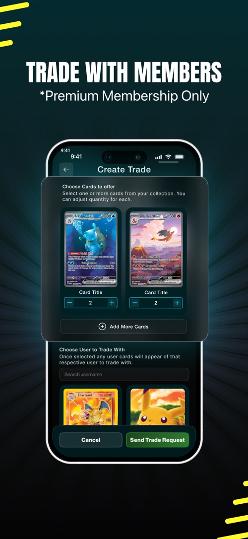 Trading Card TV App Store screenshot headed Trade With Members, marked Premium Membership Only: a Create Trade screen with cards to offer, a username search and a Send Trade Request button.