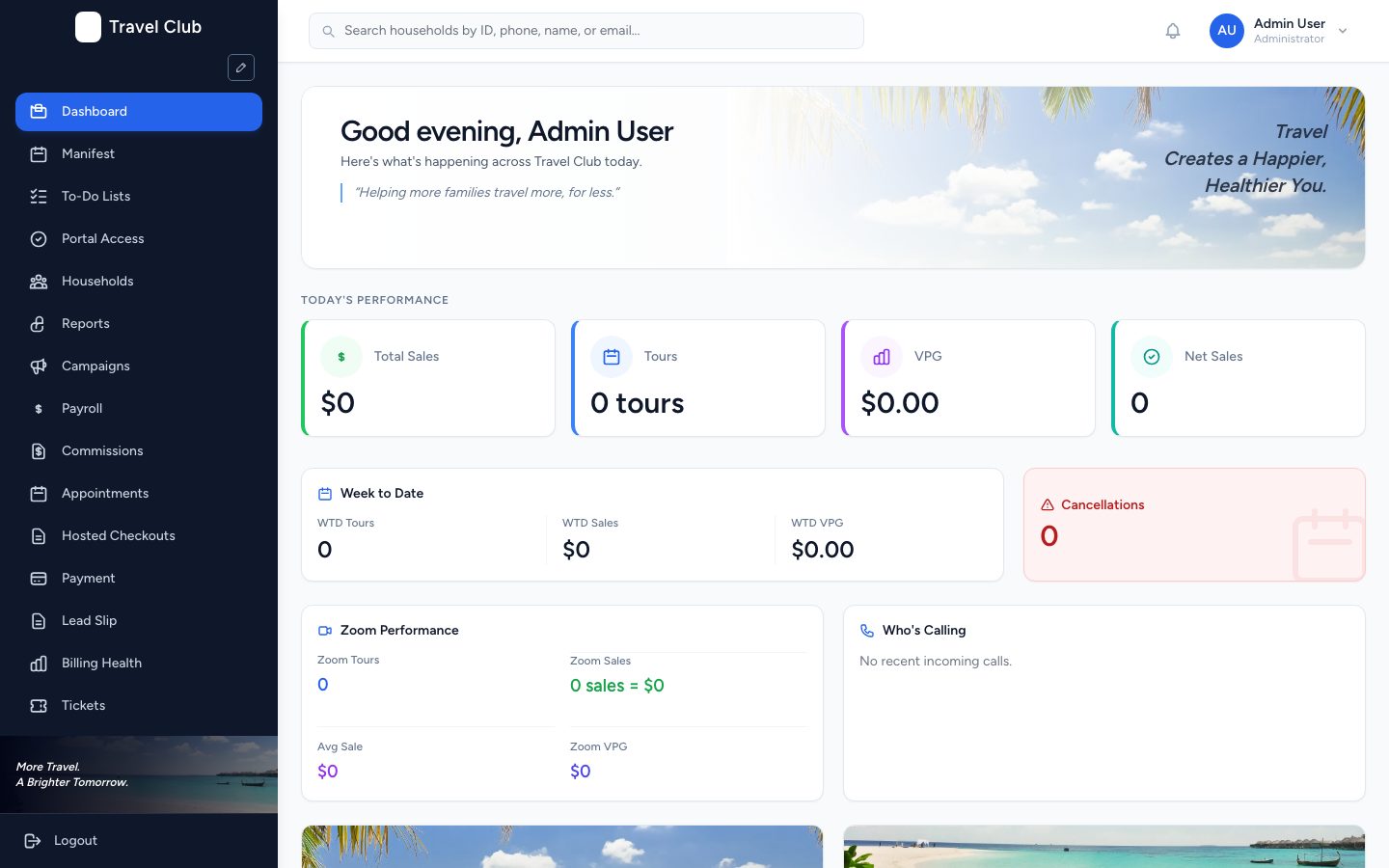 Daily performance dashboard showing today's sales, tours and net sales, week-to-date and Zoom figures, cancellations and an incoming-call widget. Names are anonymized.