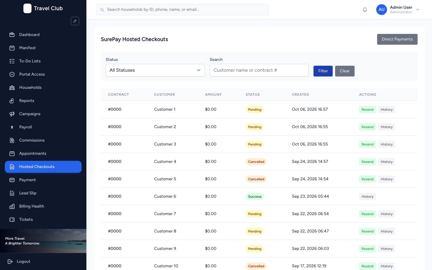 Hosted checkout list with status filter and a table of contract, customer, amount and status with resend and history actions. Names are anonymized.
