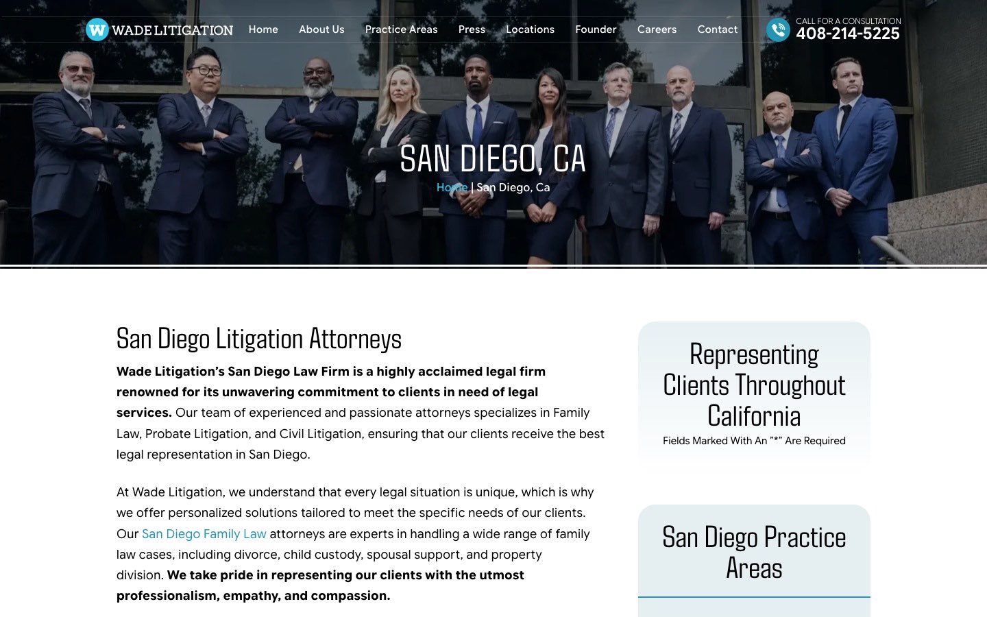 Wade Litigation San Diego city page as captured in October 2026: a team photo banner reading San Diego, CA, a San Diego Litigation Attorneys introduction, and a sidebar with headings for the intake form and the San Diego practice areas.